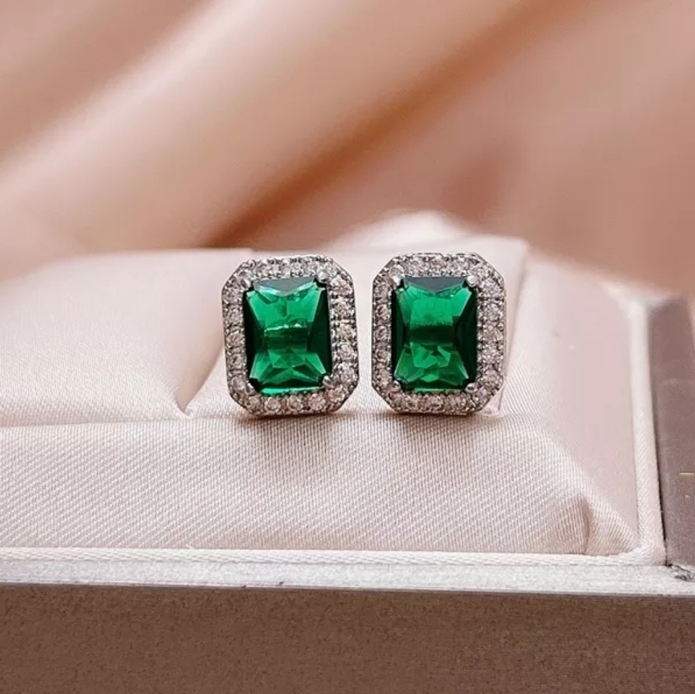 New Silver Square Cut Green Diamond Earrings